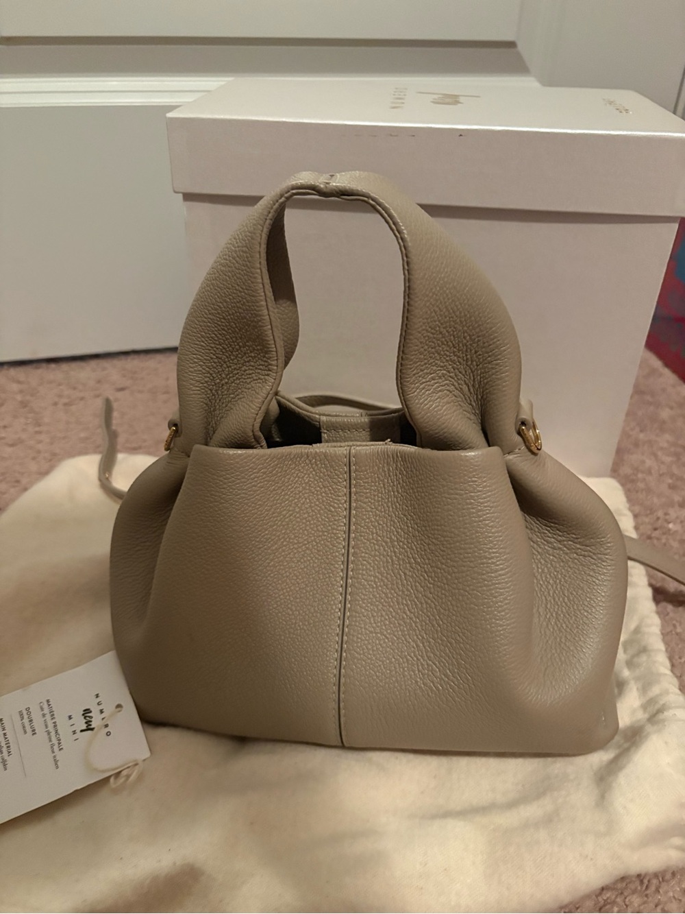 Polene Pebbled Leather Satchel in Taupe Beige